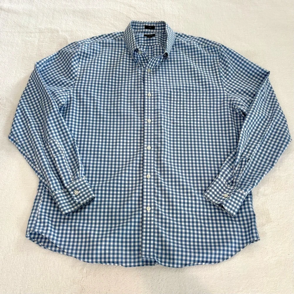 J. Crew Button Up Long Sleeve White Blue Checkered Nautical Shirt Men Sz XL SLIM